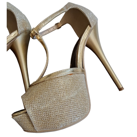 KAYLEEN By Los Angeles Sparkling Gold T-Strap Heels - Picture 9 of 9